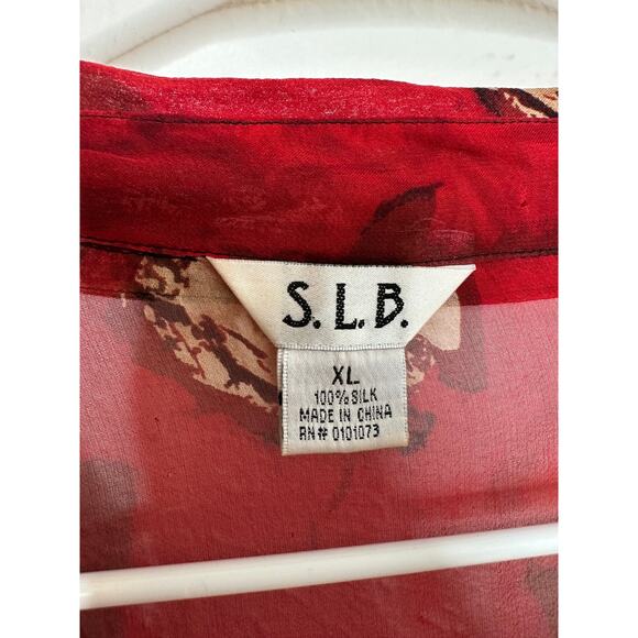 S.L.B. Vintage Woman's Size XL 100% Silk Red Floral  Ruffle Button Down Blouse - Picture 5 of 7